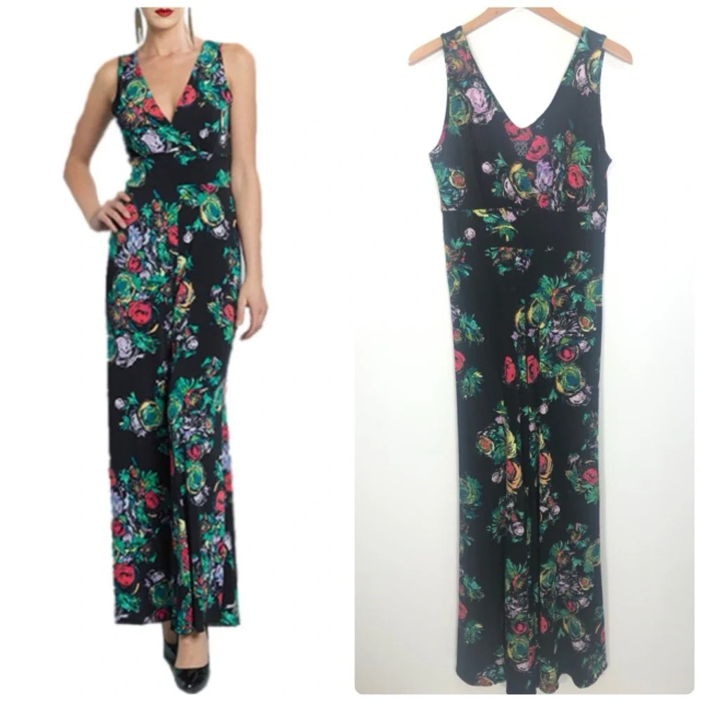 Clara Sunwoo Floral Wide Leg Jumpsuit Womens S Black V-Neck‎ Sleeveless Stretch